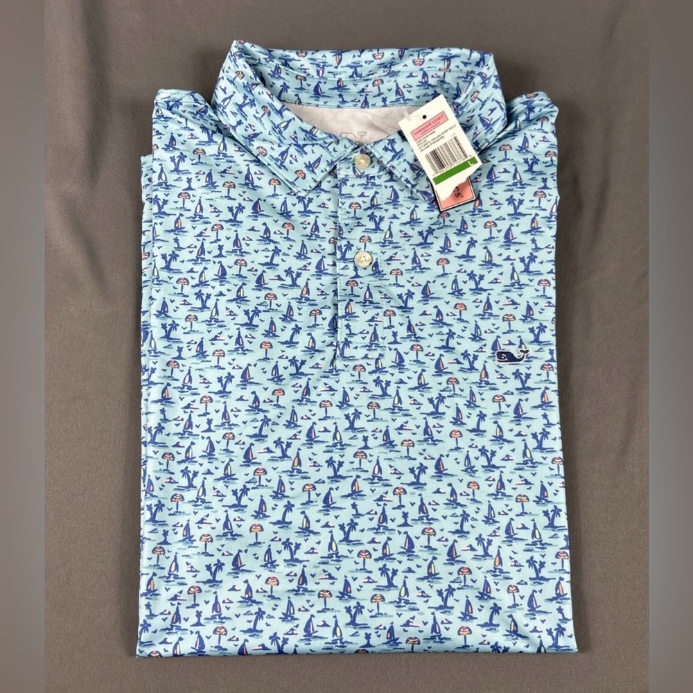 Vineyard Vines Golf Shirt Polo Atlantic Sailing Print Large Blue Polyester